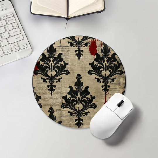 Halloween round mouse pad with black damask motifs and red floral accents