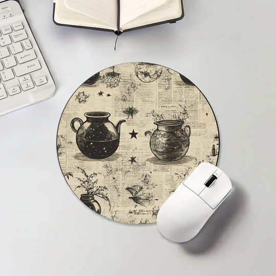 Halloween round mouse pad with vintage potion bottles and celestial details
