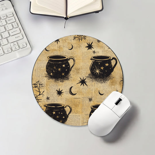 Halloween round mouse pad with black cauldrons, moons and stars
