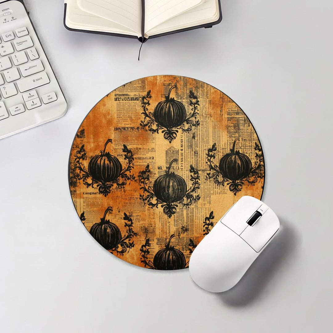 Halloween round mouse pad with black pumpkins on an orange vintage background