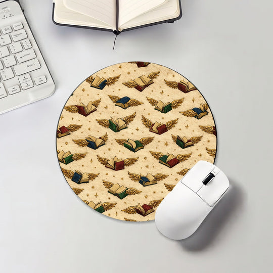 Round mouse pad with vintage flying books pattern on cream background