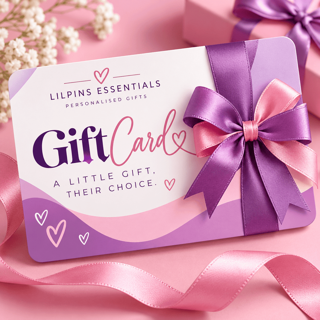 Lilpins Essentials digital gift card in purple and pink with ribbon and A little gift their choice message