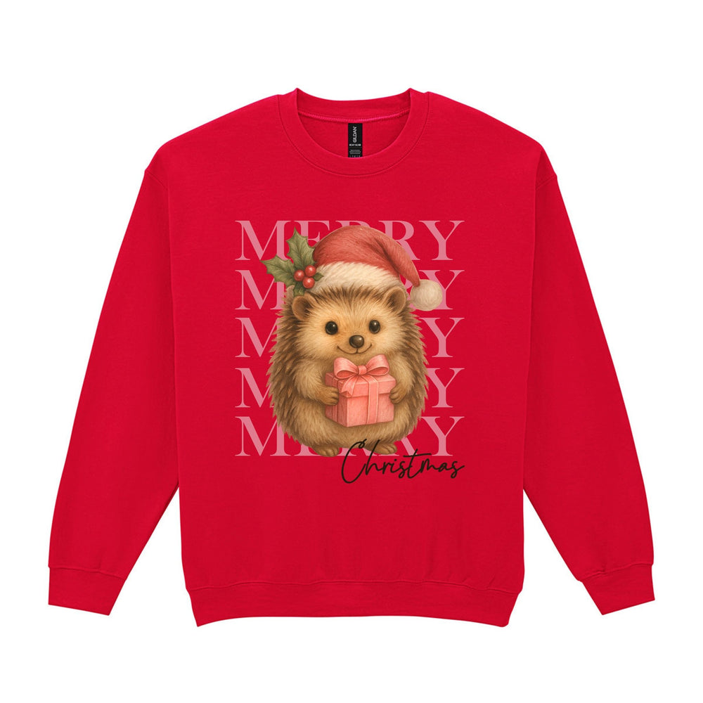 Black Christmas sweatshirt with cute hedgehog in Santa hat holding a pink gift and Merry Christmas lettering