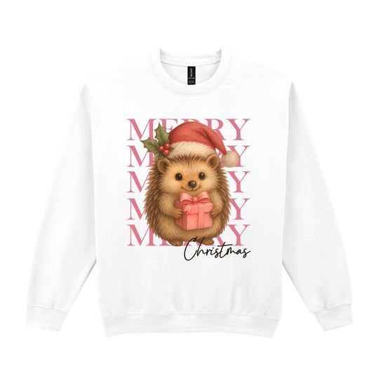 Forest green festive sweatshirt with hedgehog Santa hat pink present and Merry Christmas design