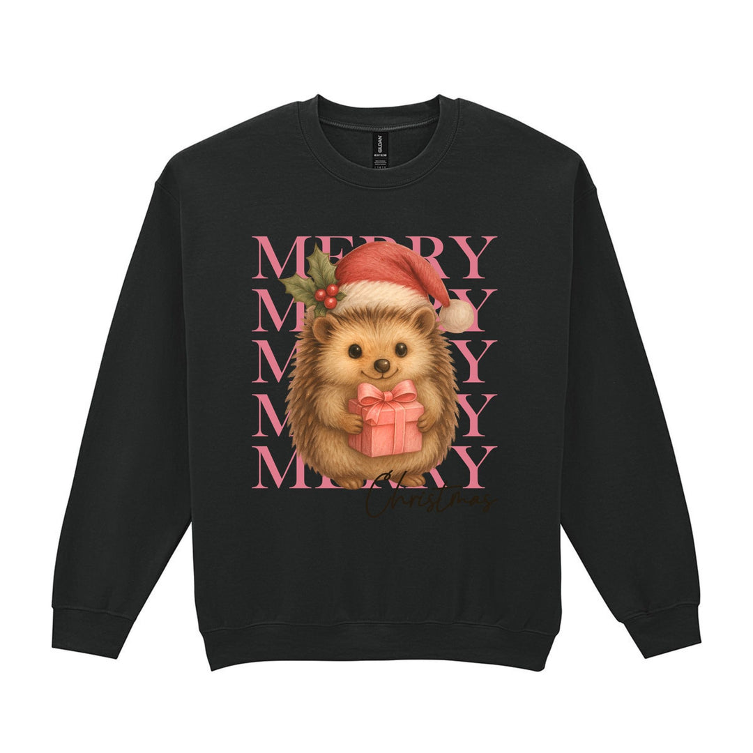 Red unisex Christmas sweatshirt with hedgehog Santa hat pink present and festive Merry Christmas design