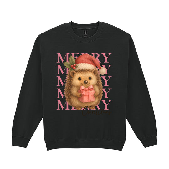 Red unisex Christmas sweatshirt with hedgehog Santa hat pink present and festive Merry Christmas design