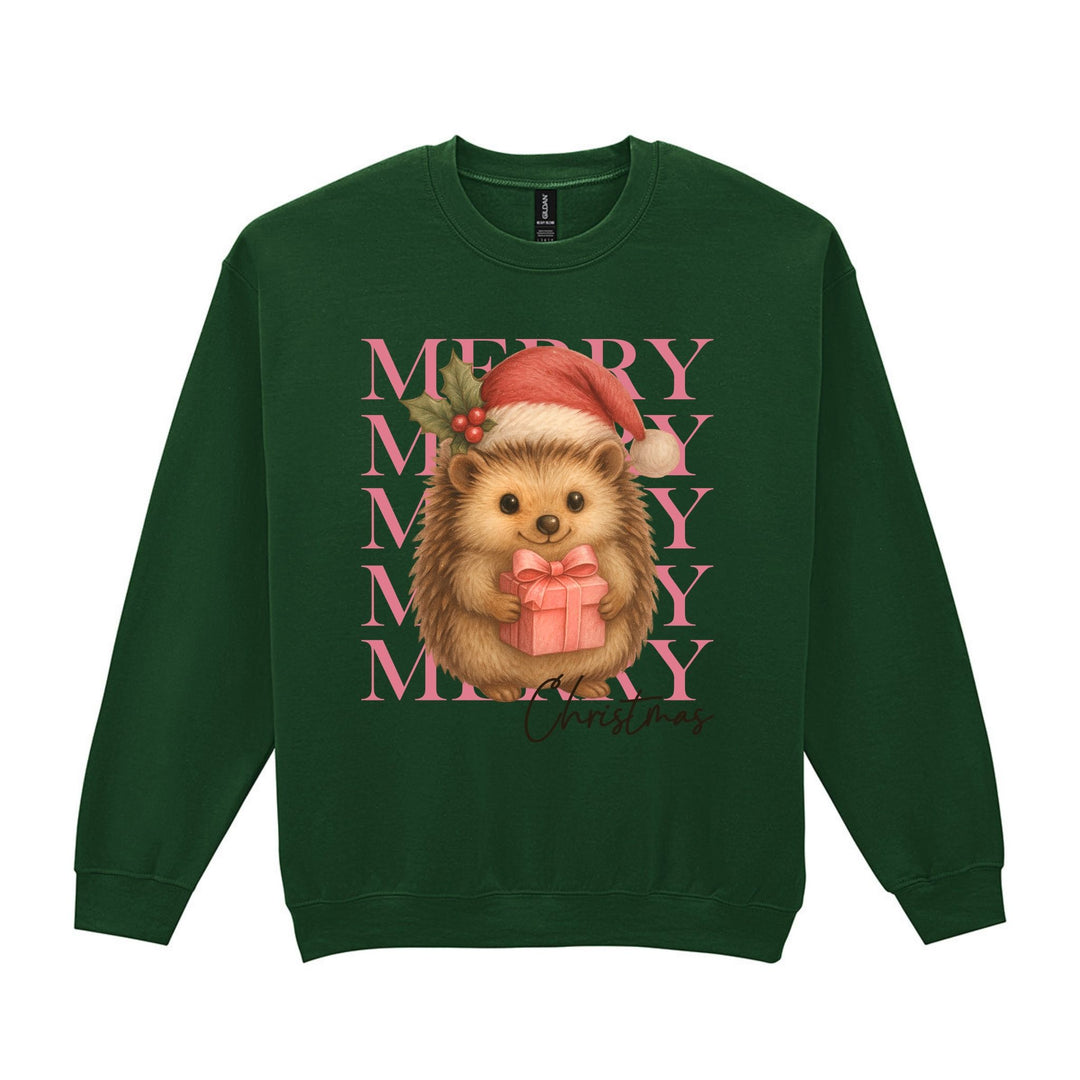 White Christmas sweatshirt featuring cute hedgehog holding pink gift with Merry Christmas lettering