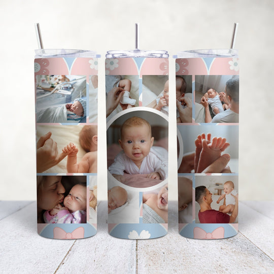 Green and pink floral photo collage tumbler