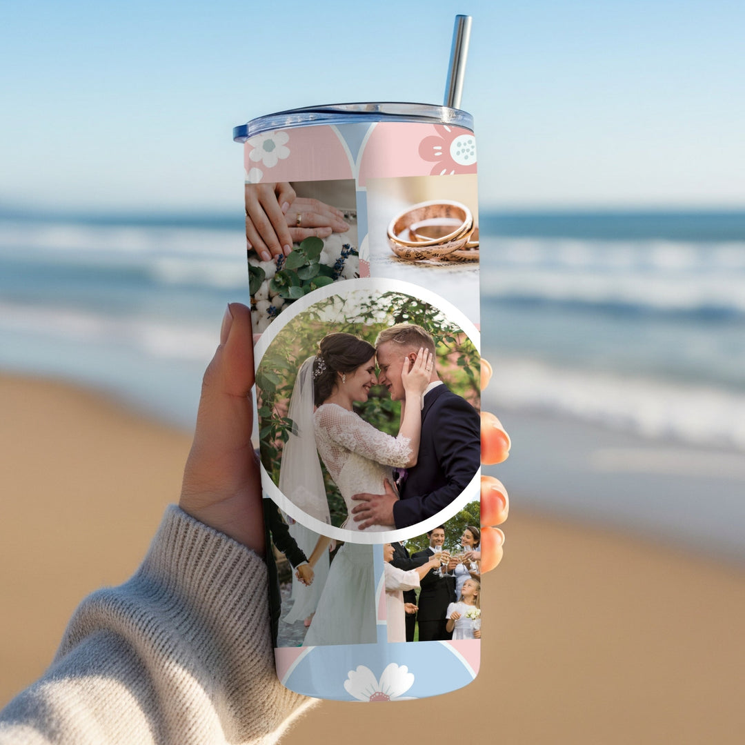 Blue and pink floral photo collage tumbler