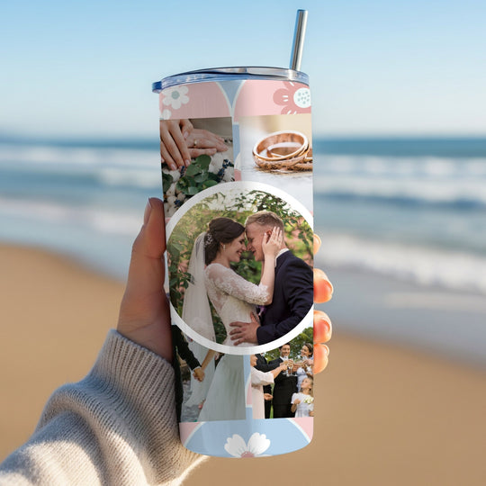 Blue and pink floral photo collage tumbler