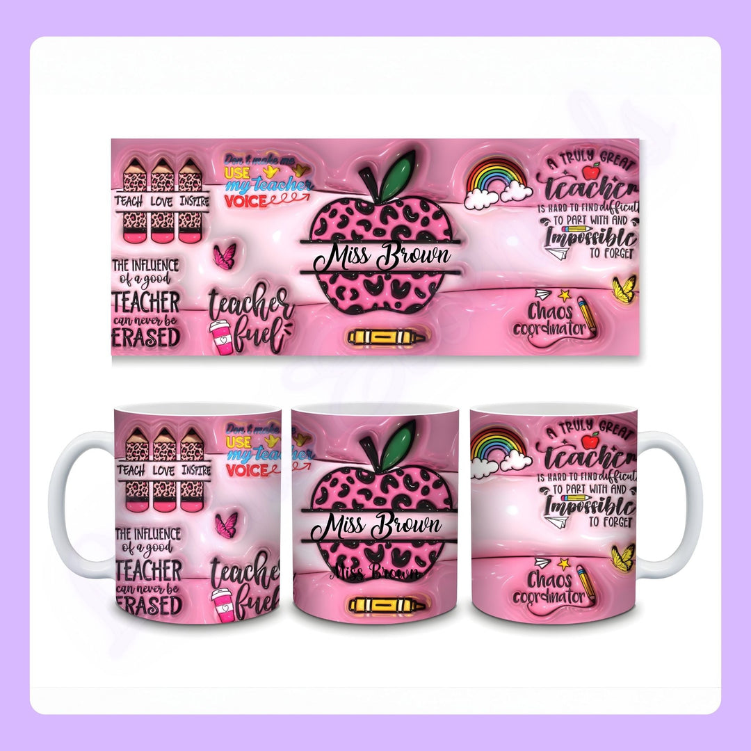 Colourful personalised teacher mug with printed 3D effect