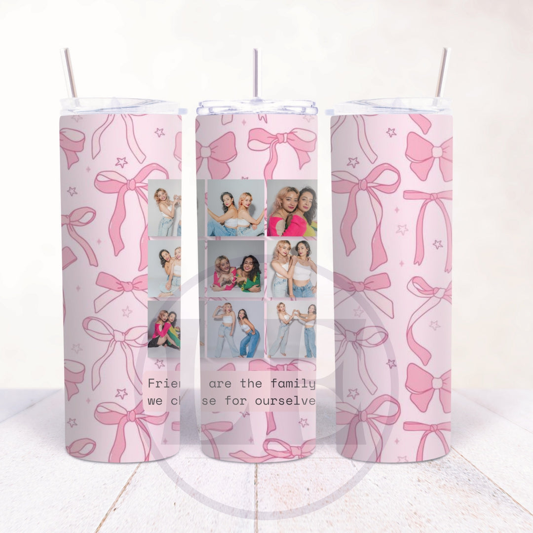 Personalised 20oz best friend tumbler with nine-photo collage and pink bow background shown from three angles