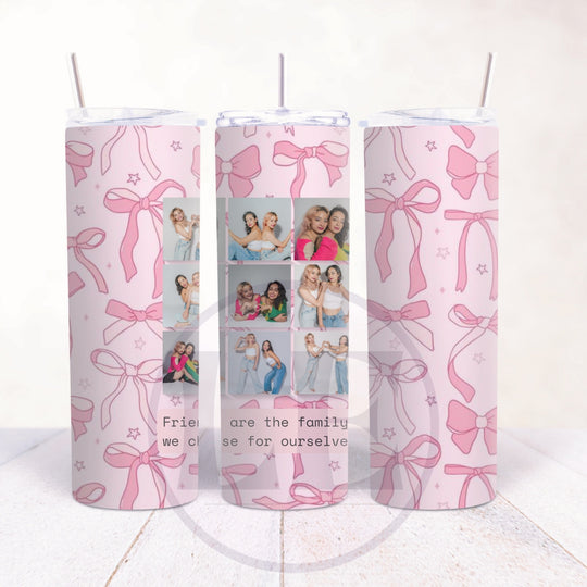 Personalised 20oz best friend tumbler with nine-photo collage and pink bow background shown from three angles