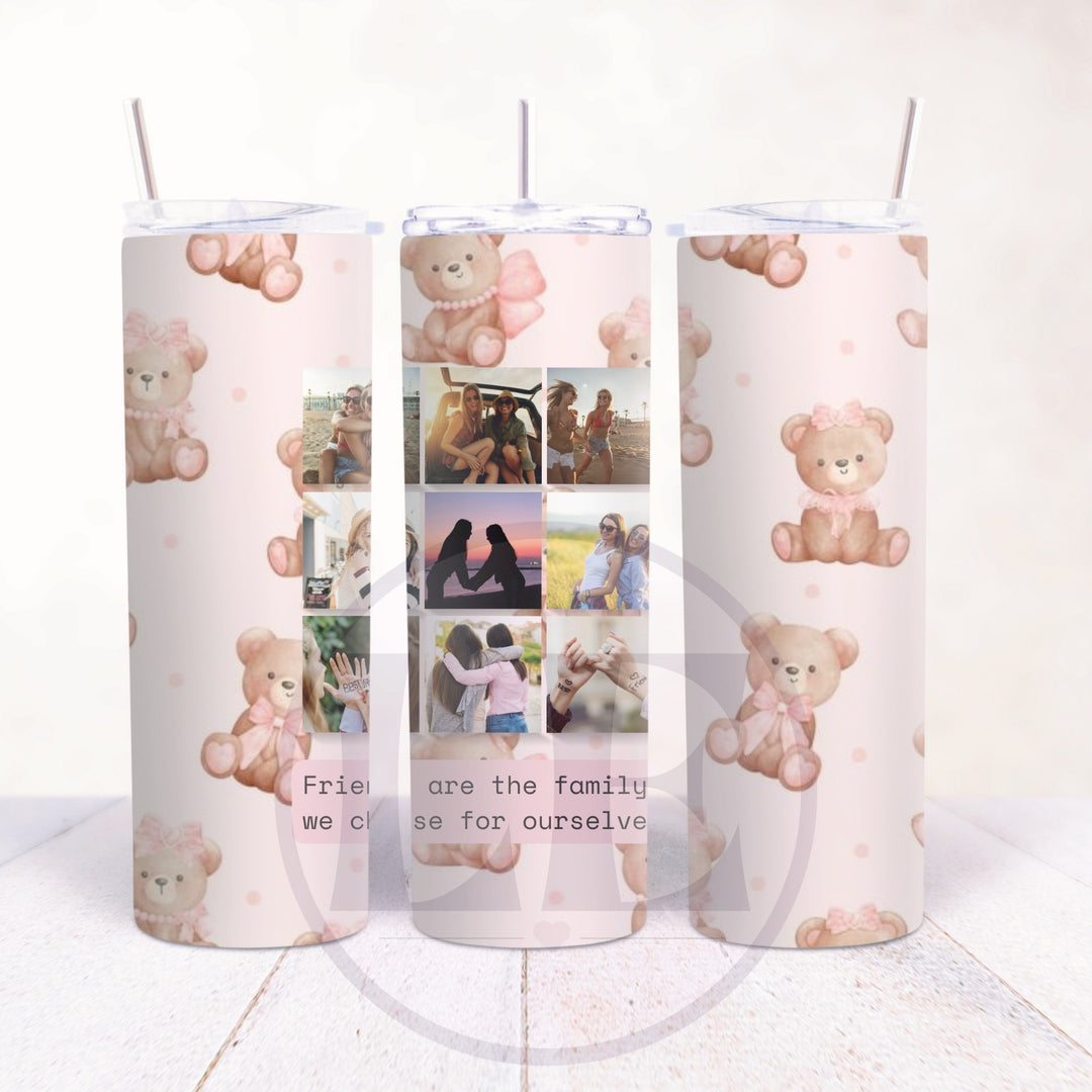 Pink teddy bear friendship tumbler with nine personal photos, friendship quote and three product views