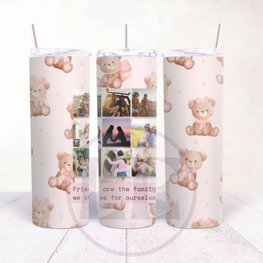 Pink teddy bear friendship tumbler with nine personal photos, friendship quote and three product views