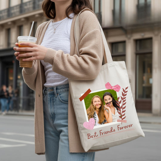 Personalised best friend photo tote bag carried in a lifestyle setting