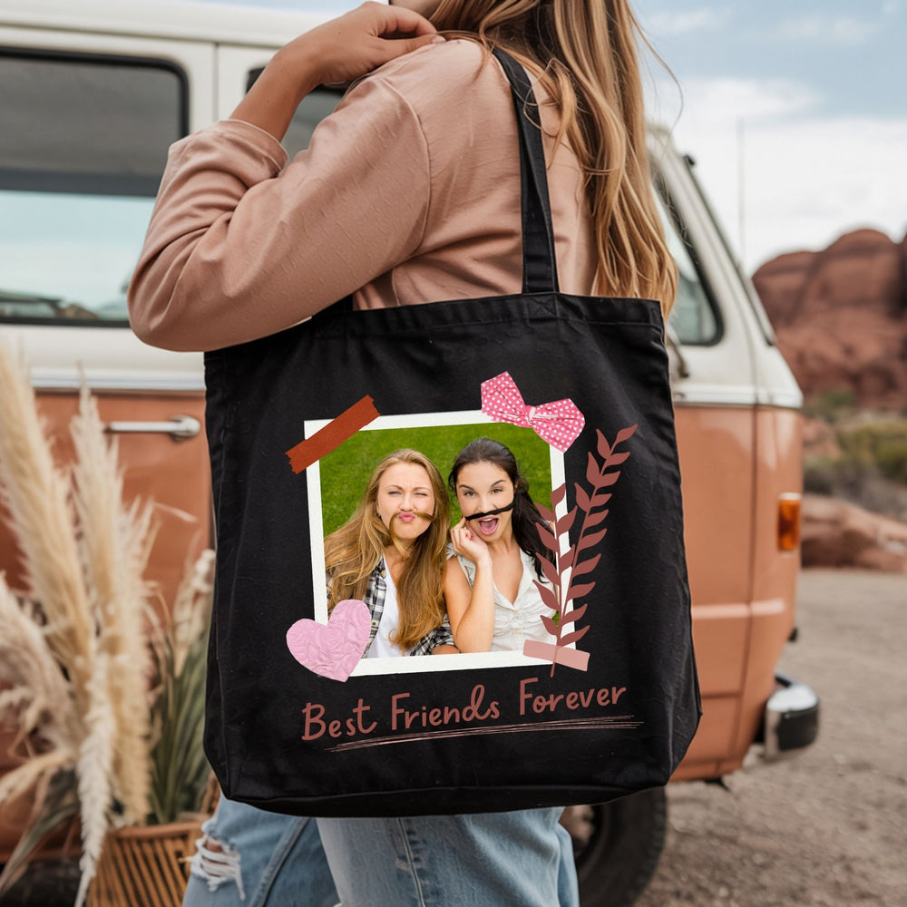 Black personalised best friend photo tote bag worn over the shoulder