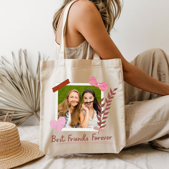 Close-up of personalised best friend photo tote bag with friendship photo design