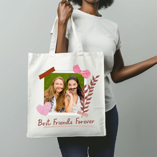 Personalised best friend photo tote bag shown in a styled lifestyle setting
