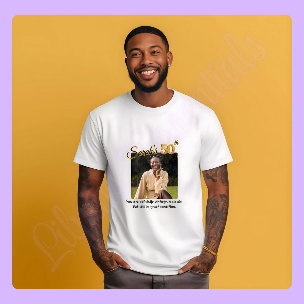 Custom milestone birthday T-shirt with photo name and age