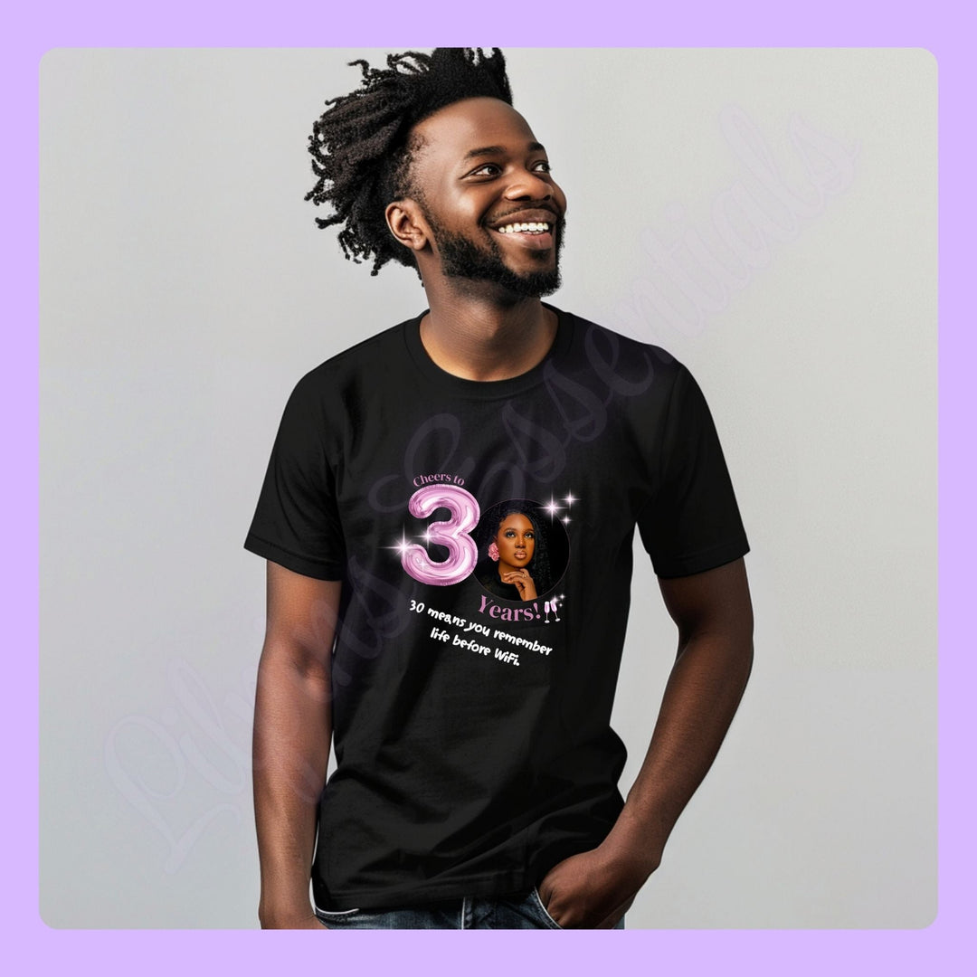Personalised birthday photo T-shirt with custom name and age