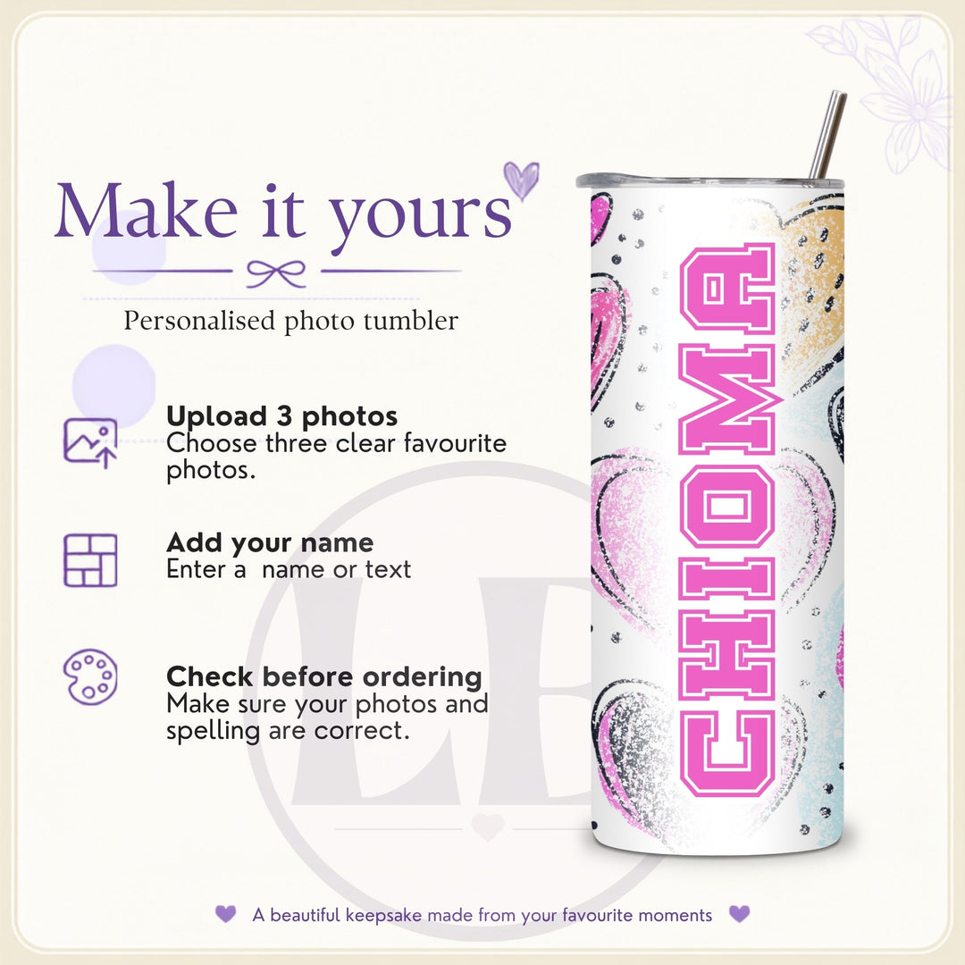 How to personalise the Happy Birthday tumbler with three photos and name