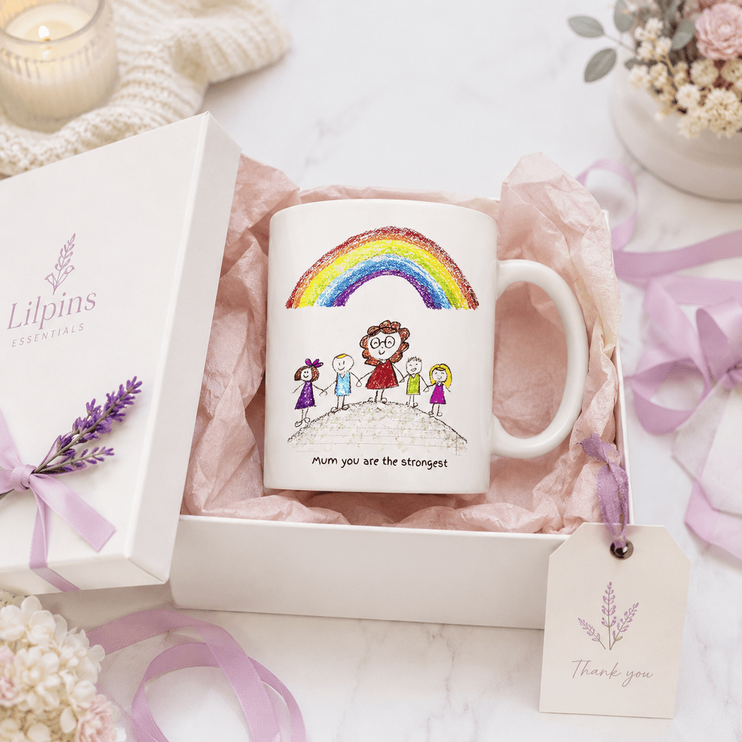 Personalised child artwork mug presented in a gift box