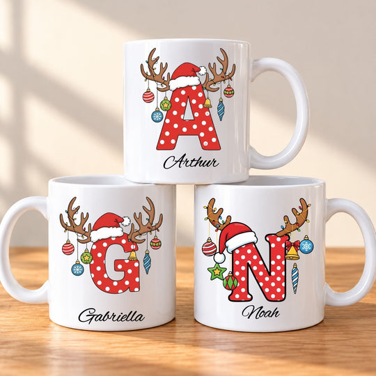 Personalised Christmas initial mug showing festive letter and name design