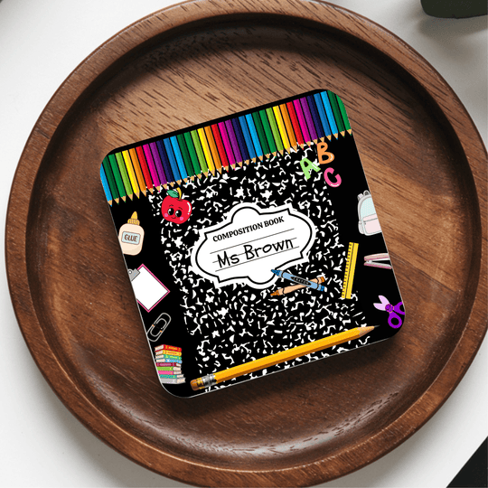 Personalised composition notebook teacher coaster with custom name