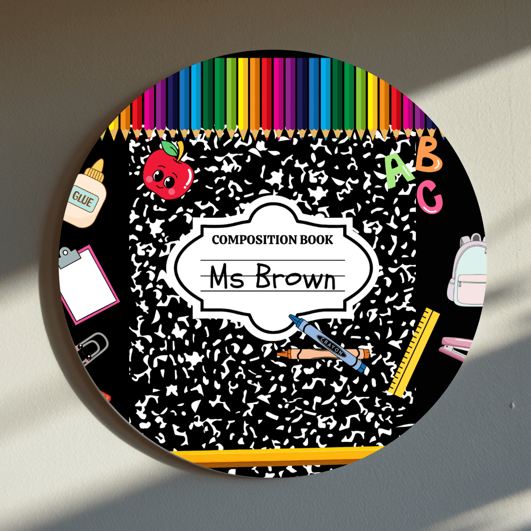 Personalised teacher coaster with composition notebook and school stationery design