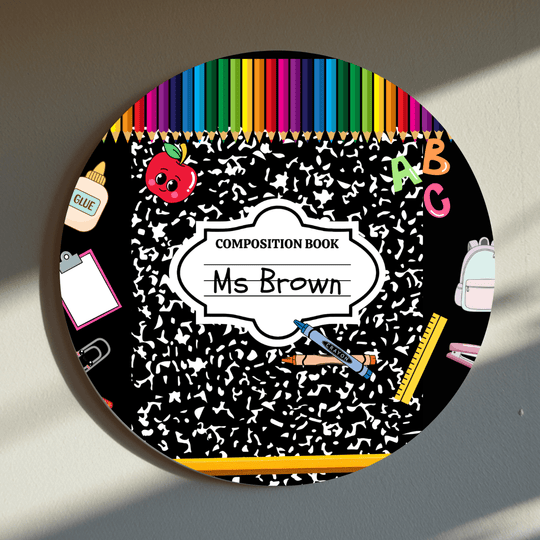Personalised teacher coaster with composition notebook and school stationery design