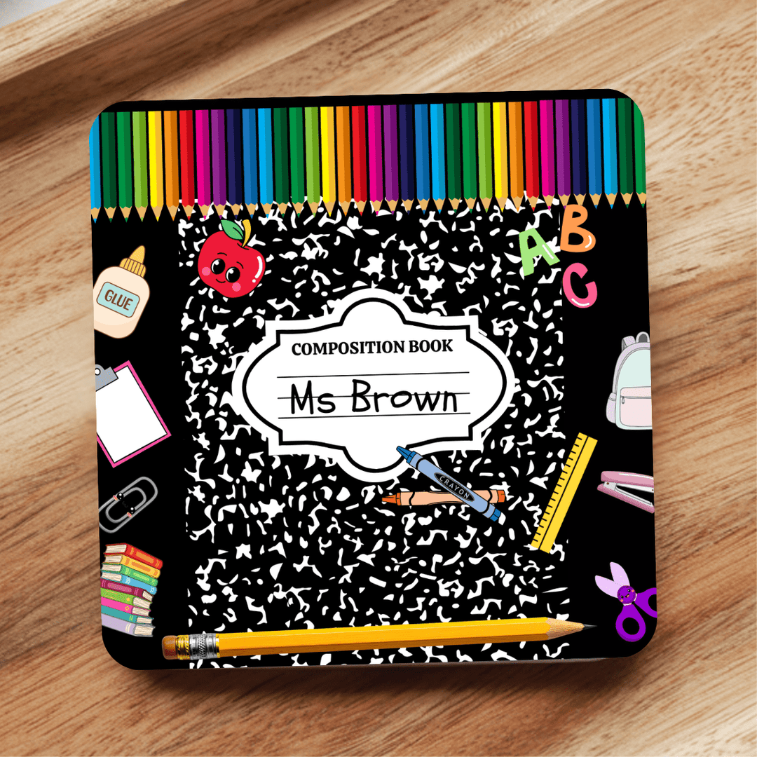 Personalised composition notebook teacher coaster gift with custom name