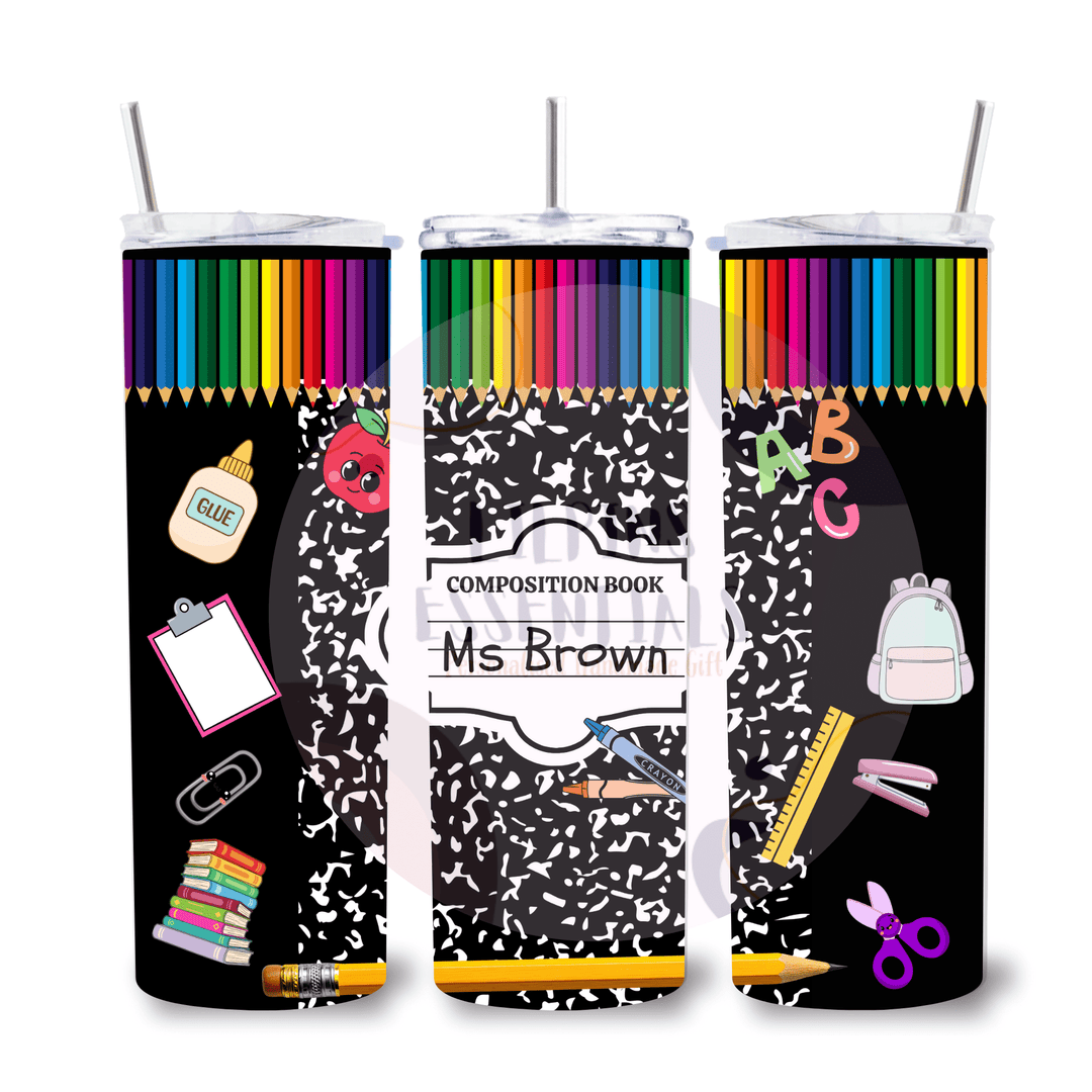 Matching personalised composition notebook teacher tumbler included with the coaster bundle