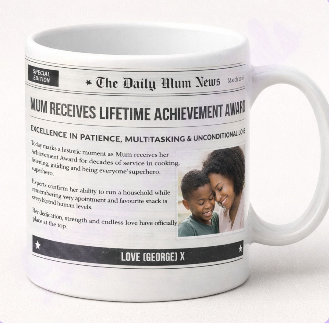 Personalised mug for Mum with photo, name and newspaper headline design