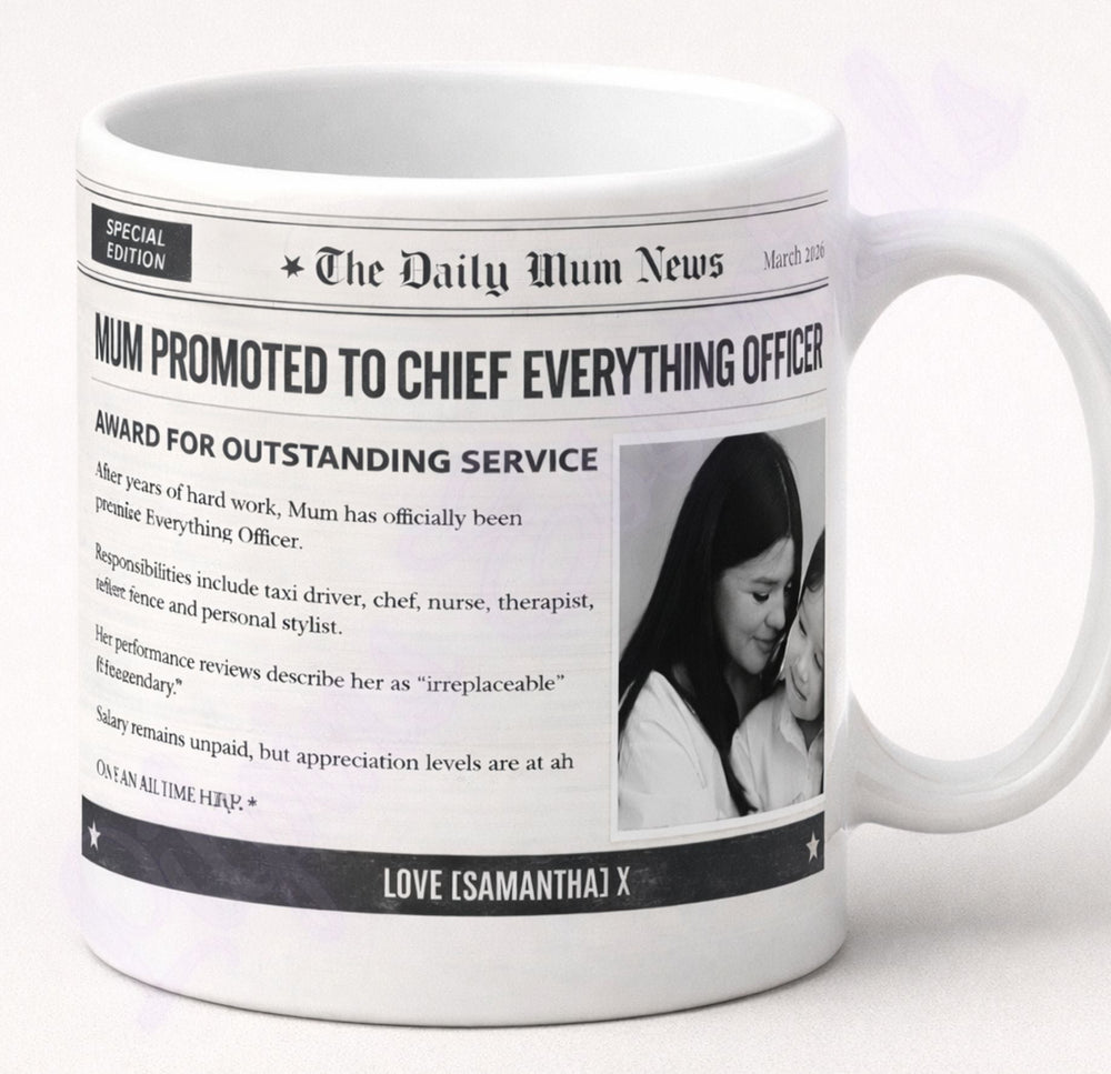 Personalised Mother’s Day mug for Mum with newspaper-style photo design