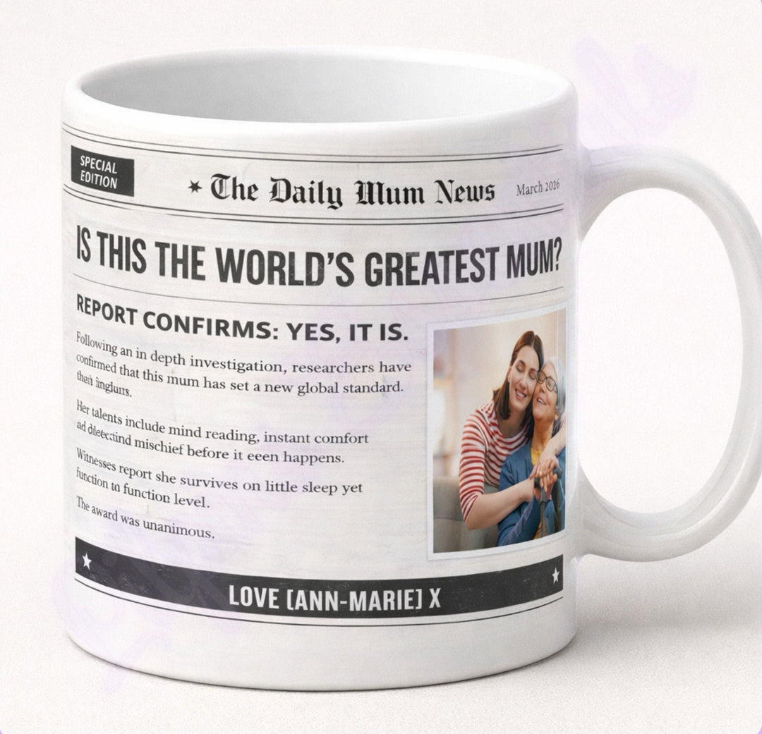 Personalised Daily Mum News photo mug with newspaper-style design for Mum