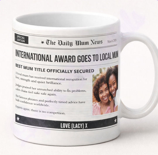 Daily Mum News ceramic mug with personalised newspaper front page design