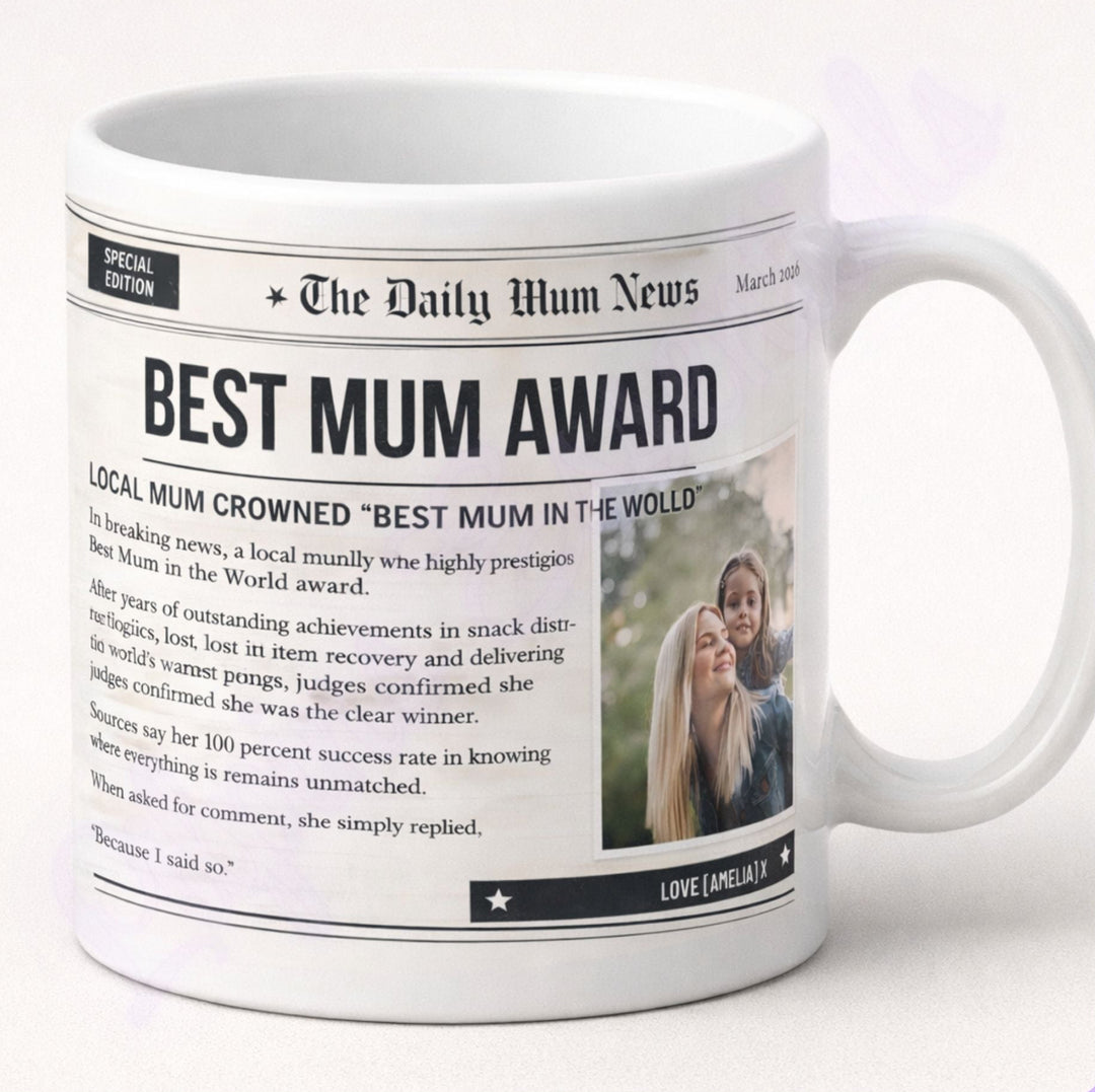 Personalised Daily Mum News mug with photo and custom newspaper headline