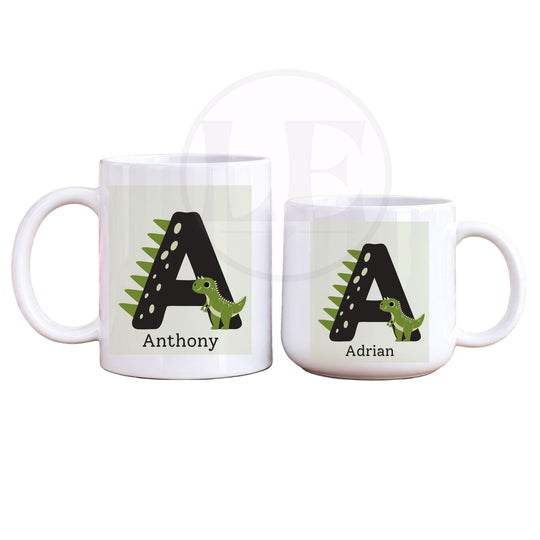 Kids dinosaur initial mug in lightweight polymer with personalised name artwork