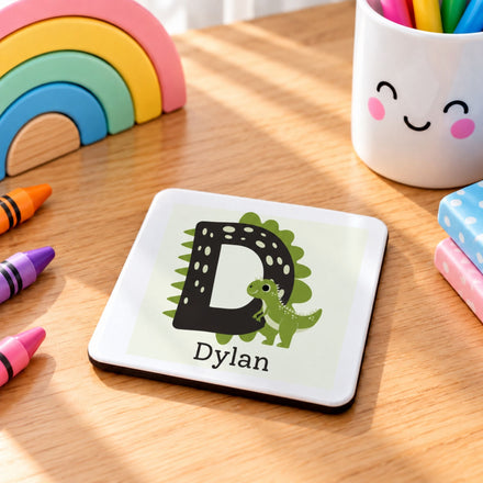 Personalised Dinosaur Initial MDF coaster with a name and green dinosaur letter design