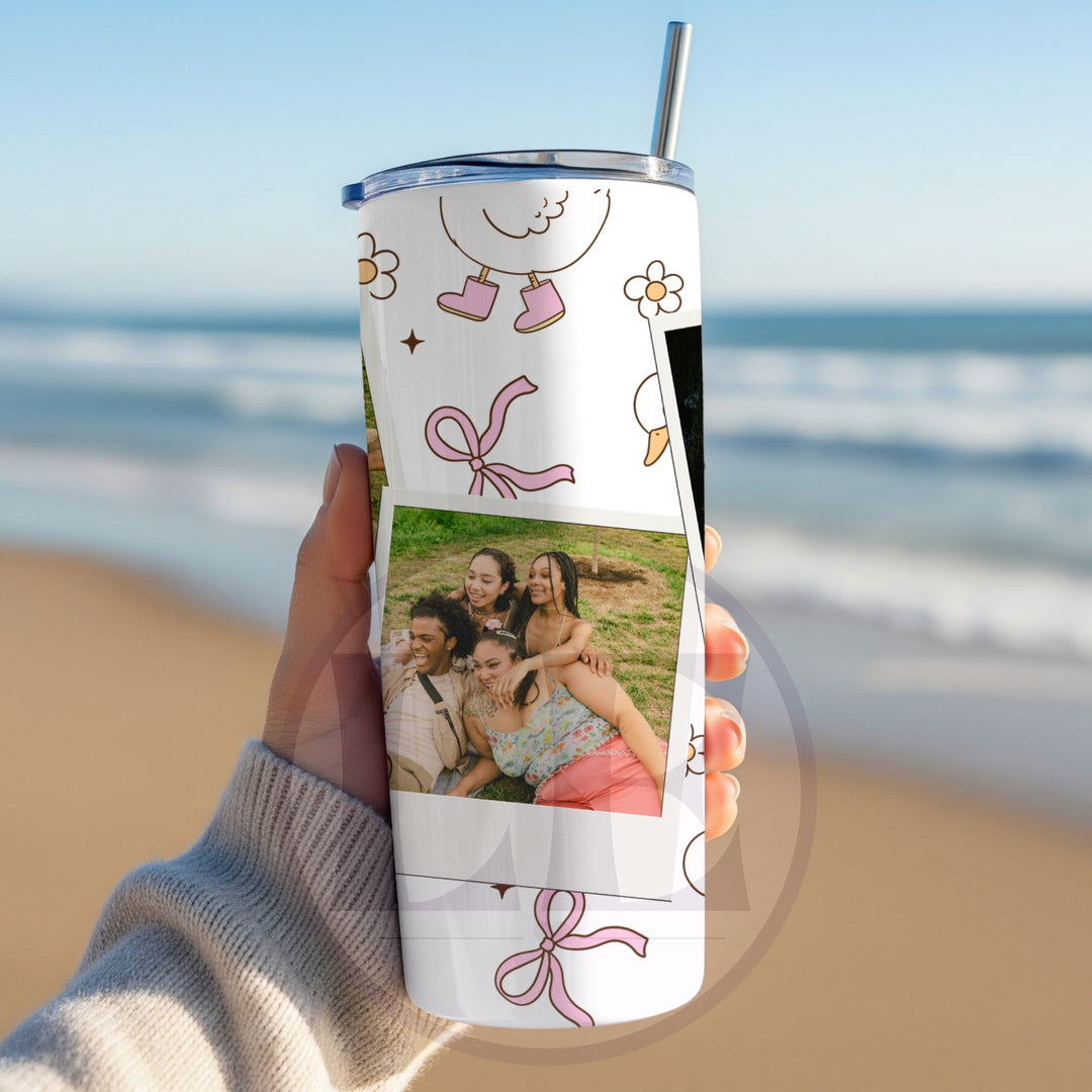 Personalised Duck &amp; Bow 20oz photo tumbler showing the wrap design