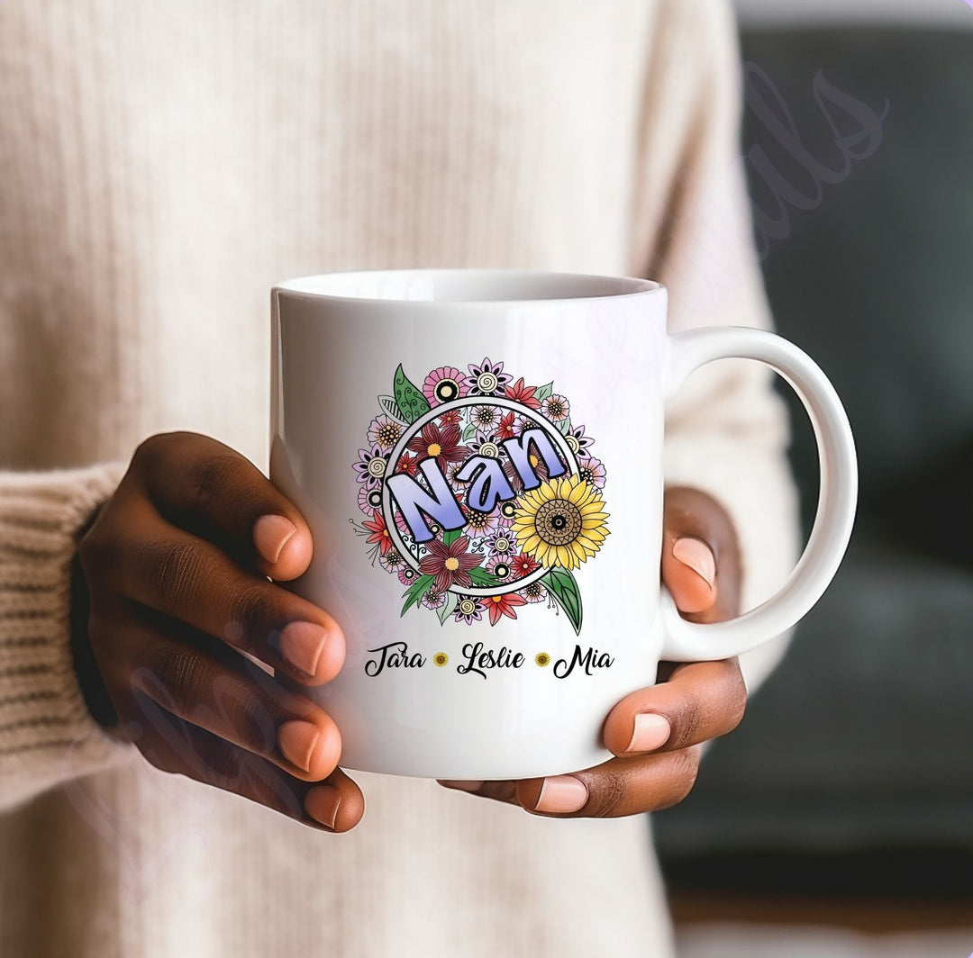 Personalised floral Nan mug with family names beneath colourful flower wreath