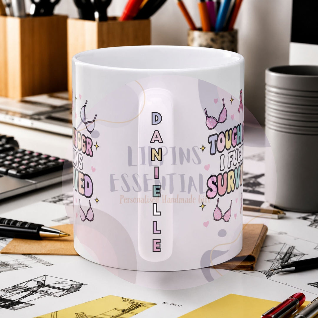 Funny breast cancer mug personalised with name on handle