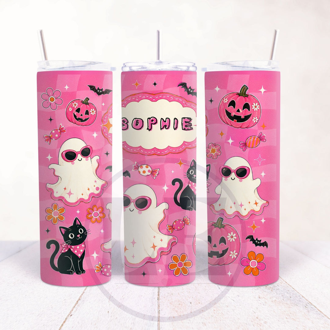 Bright pink Halloween tumbler with sunglasses ghost black cat and Sophie name