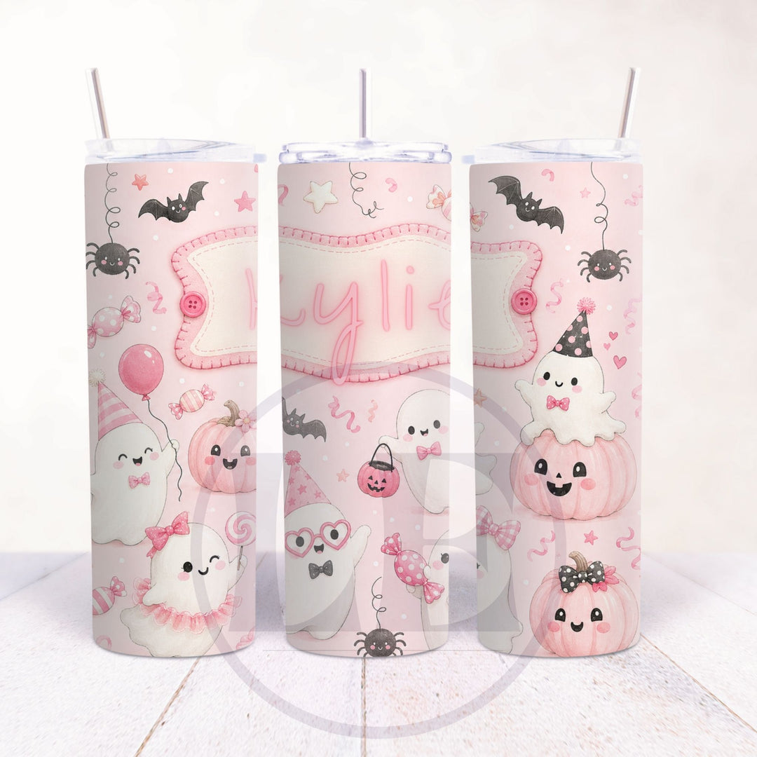 Cute pink Halloween 20oz tumbler with cartoon ghosts pumpkins bats and Kylie name