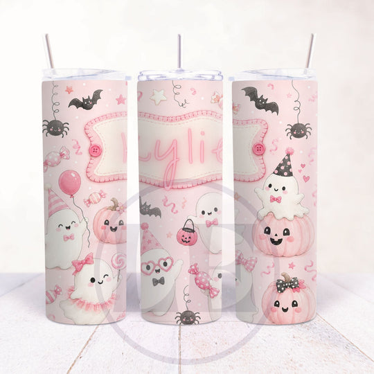 Cute pink Halloween 20oz tumbler with cartoon ghosts pumpkins bats and Kylie name