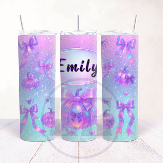 Iridescent lilac Halloween tumbler with holographic bows and pumpkins personalised Emily