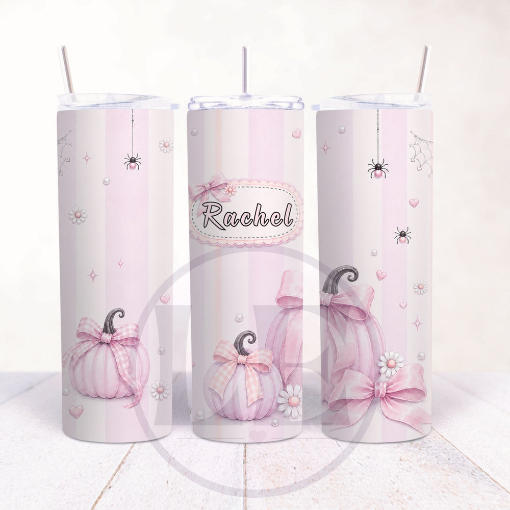 Personalised Halloween 20oz tumbler featuring pastel striped background pink pumpkins and Rachel name