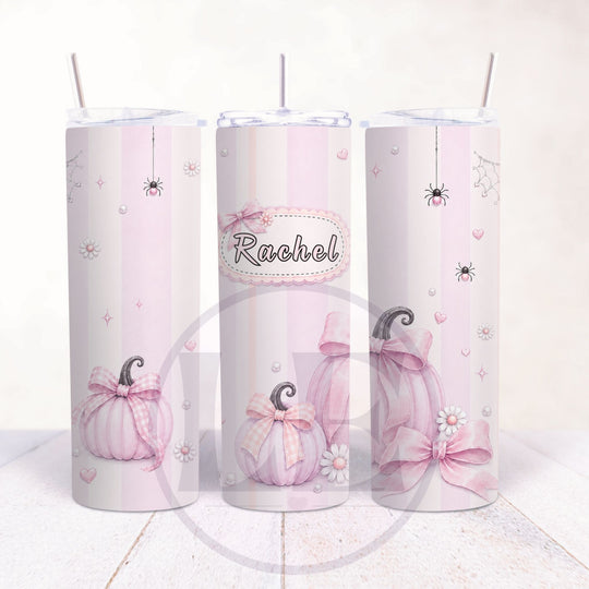 Personalised Halloween 20oz tumbler featuring pastel striped background pink pumpkins and Rachel name