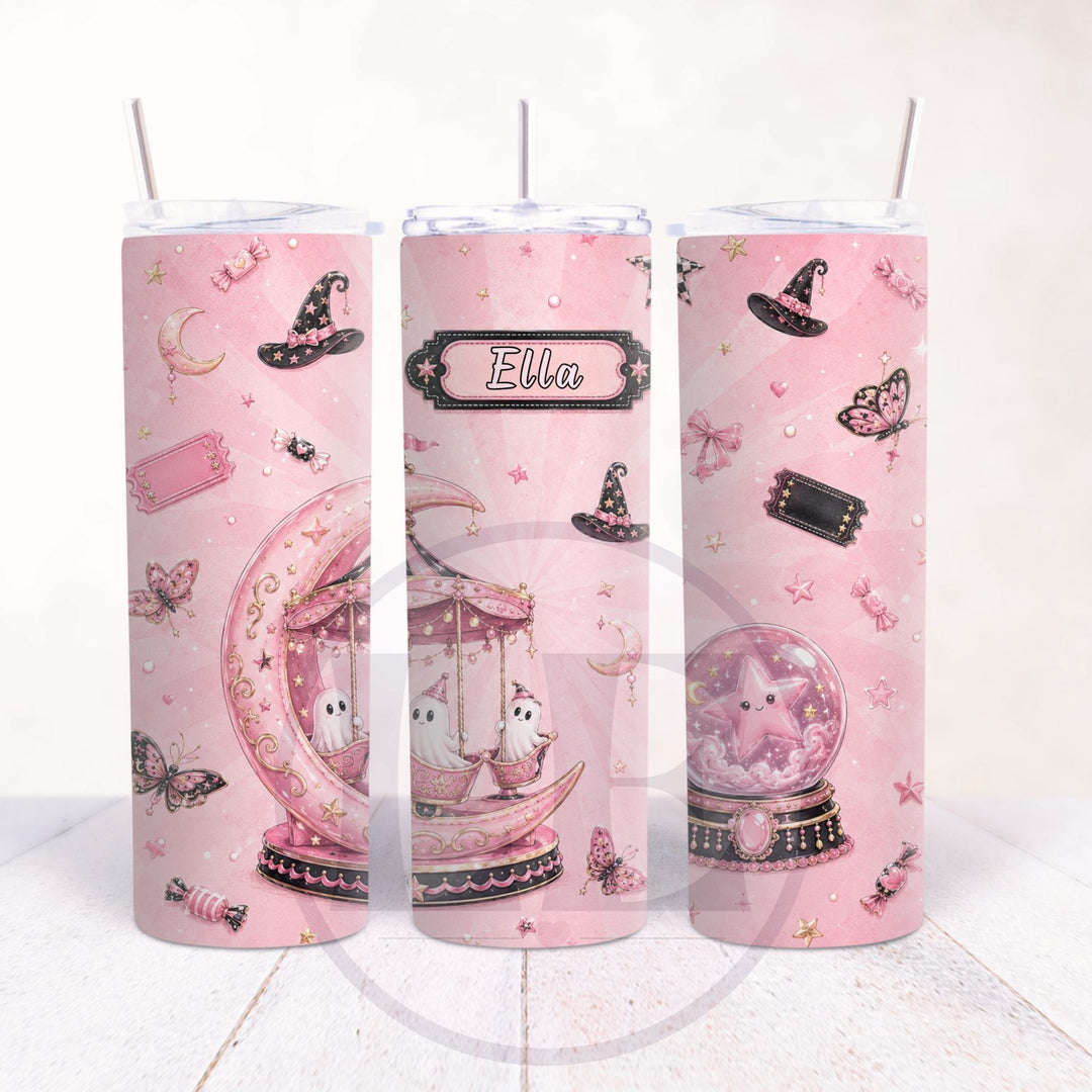 Pink Halloween 20oz tumbler with ghost moon carousel and snow globe design personalised Ella